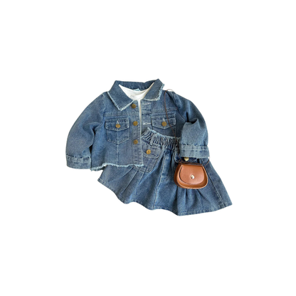 Retro Denim Outfit voor Meisjes – Spijkerjasje & Geplooide Rok Set