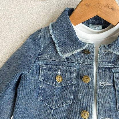 Retro Denim Outfit voor Meisjes – Spijkerjasje & Geplooide Rok Set