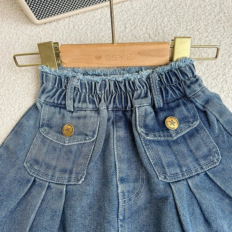Retro Denim Outfit voor Meisjes – Spijkerjasje & Geplooide Rok Set