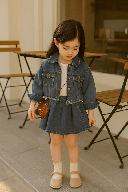 Retro Denim Outfit voor Meisjes – Spijkerjasje & Geplooide Rok Set